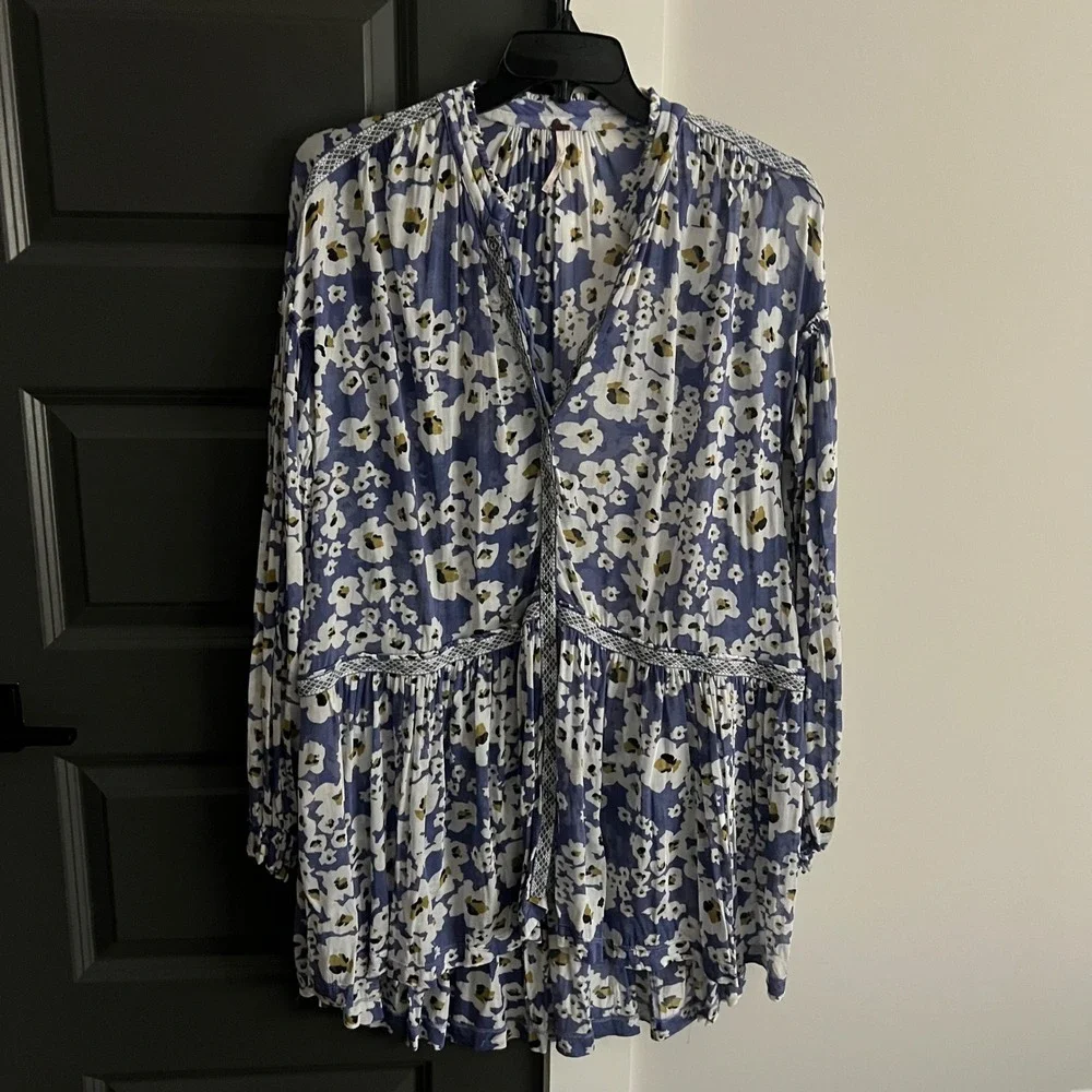 Free People Blue Floral‎ Dress XS Tiered Button Front Boho